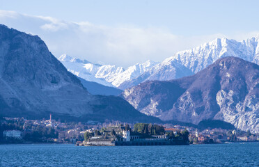 Fototapeta na wymiar winter panorama on the Borromean islands. Stresa, Lake Maggiore, Italy
