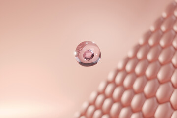 Clear Drop of serum falling to skin cell. Anti aging Collagen or cream. 3D rendering. - obrazy, fototapety, plakaty