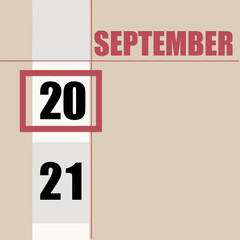 september 20. 20th day of month, calendar date.Beige background with white stripe and red square, with changing dates. Concept of day of year, time planner, autumn month.