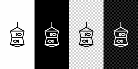 Set line Fishing net with fish icon isolated on black and white background. Vector