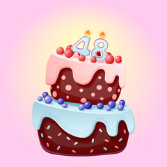 Forty eight years birthday cake with candles number 48. Cute cartoon festive vector image. Chocolate biscuit with berries, cherries and blueberries. Happy Birthday illustration for parties