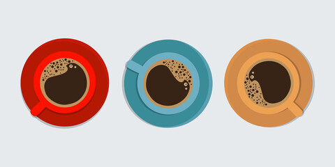 Black hot coffee, three cups with saucer, isolated. Vector illustration