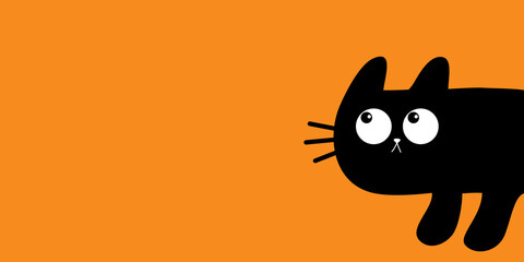 Cat peeking around the corner. Cute kawaii cartoon baby pet. Black kitten head face looking up. Happy Halloween. Greeting card print. Flat design. Orange background. Isolated.