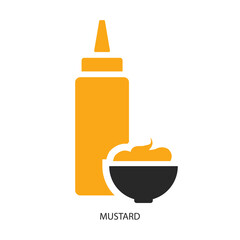 Mustard. Delicious yellow sauce made from the seeds of the mustard plant in a bottle and a serving bowl. Vector illustration isolated on a white background for design and web.