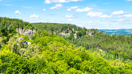 Fototapeta na wymiar Prihrazy Rocks, Czech: Prihrazske skaly, on sunny summer day. Bohemian Paradise, Czech Republic