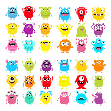Monster icon super big set. Happy Halloween. Cute cartoon kawaii baby character. Funny head face colorful silhouette. Eyes horn teeth fang tongue. Hands up, down. Flat design. White background.