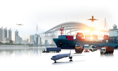 Obraz premium Global business of Container Cargo freight ship for Business logistics concept, Air cargo trucking, Rail transportation and maritime shipping, Online goods orders worldwide