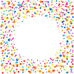 Square texture with random geometric elements on white. Geometrical background with confetti. Pattern from glitters. Festive frame. Print for banners, posters, t-shirts and textiles. Greeting cards