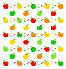 Multicolored stylized apples on a white background with colored elements. Flat vector pattern.