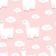 Obraz premium Seamless pattern with funny llama and clouds on a pink background. Vector illustration suitable for baby texture, textile, fabric, poster, greeting card, decor. Cute alpaca from Peru.