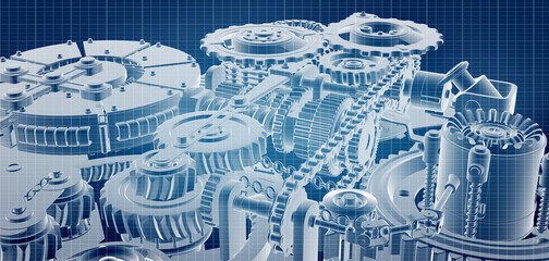 Blueprint project of engine design with gears