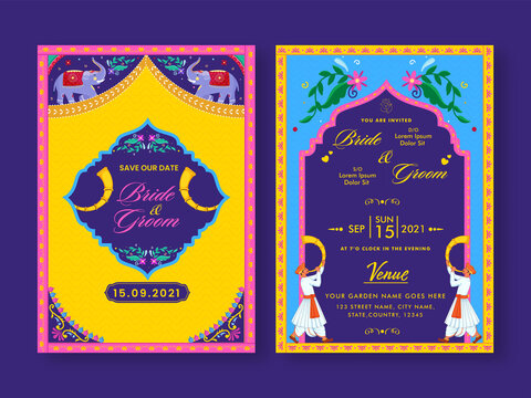 Colorful Indian Wedding Invitation Card On Purple Background.