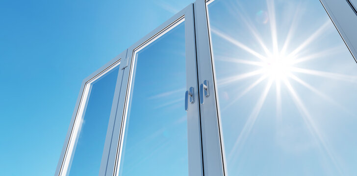 New clear and clean PCV windows on sunny sky