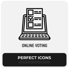 Online voting thin line icon, ballot with mark on laptop screen. Modern vector illustration.