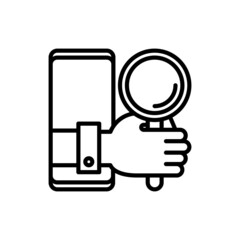 Mobile app testing thin line icon, human hand with magnifying glass gets out from smartphone. Modern vector illustration.