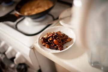
fried nuts as an addition to breakfast