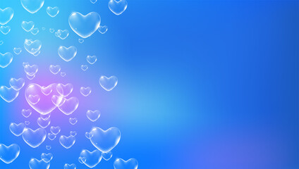 Fototapeta na wymiar Bright blue background with white colored heart-shaped soap bubbles for Valentine card. Vector
