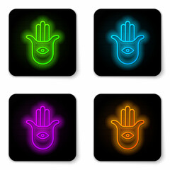 Obraz premium Glowing neon line Hamsa hand icon isolated on white background. Hand of Fatima - amulet, symbol of protection from devil eye. Black square button. Vector