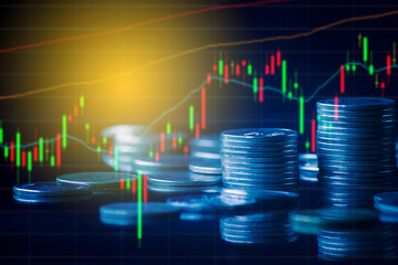 Double exposure of finance graph , stationary and rows of coins for goal office , finance and business concept background and forex trading graph with economy trends business or finance background.