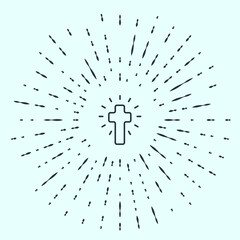 Obraz premium Black line Christian cross icon isolated on grey background. Church cross. Abstract circle random dots. Vector