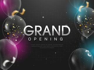 Grand Opening Invitation Or Poster Design With Transparent Balloons Decorated On Black Halftone Background. - obrazy, fototapety, plakaty