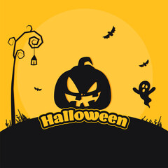 Sticker Style Halloween Text With Jack-O-Lantern, Ghost, Bats Flying On Black And Yellow Background.