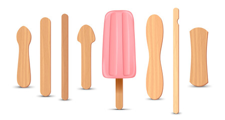 Set of realistic popsicle sticks. Pink strawberry ice cream 3D. Vector illustration, summer season.