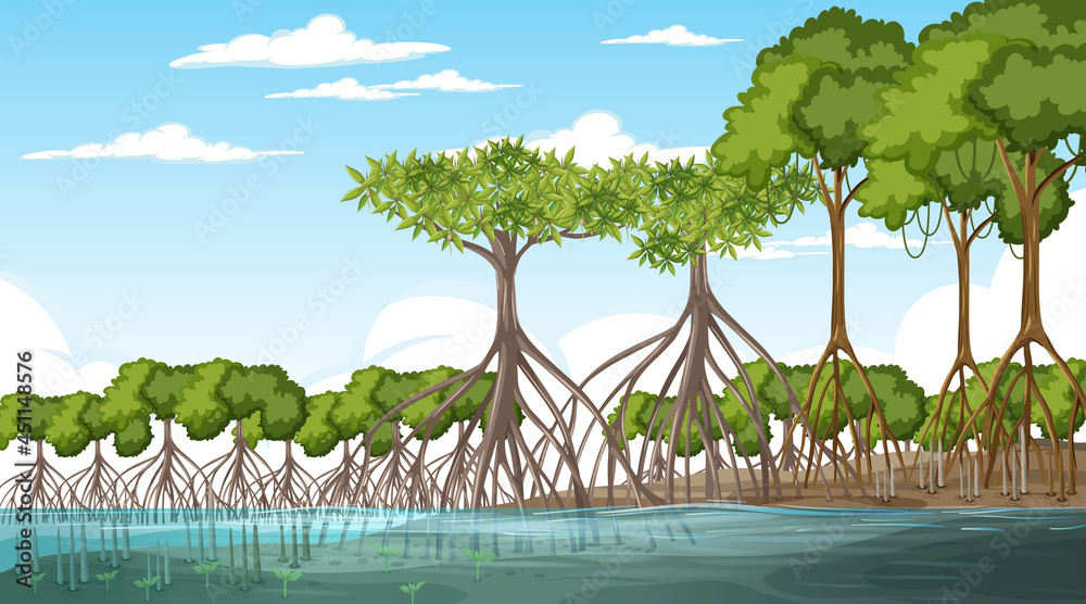 Sticker mangrove forest landscape scene at daytime