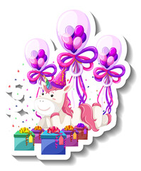 Happy unicorn with gift box and confetti rainbow