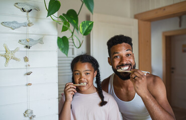 Happy young father with small daughter brushing teeth indoors at home, sustainable lifestyle.