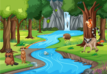 Nature scene with stream flowing through the forest with wild animals