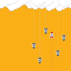 Think differently concept. Red rocket changing direction. New idea, change, trend, courage, creative solution, innovation and unique way concept.