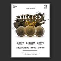 Electro Night Party Flyer Design With Woofers, Black Brush Effect On White Background.