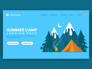 Summer Camp Landing Page With Bonfire, Tent Illustration On Nature Landscape Background.