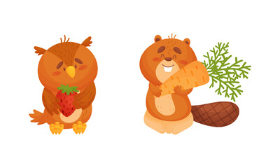 Obraz na płótnie Canvas Adorable animals harvesting set. Cute bear and owl carrying strawberry and carrot cartoon vector illustration