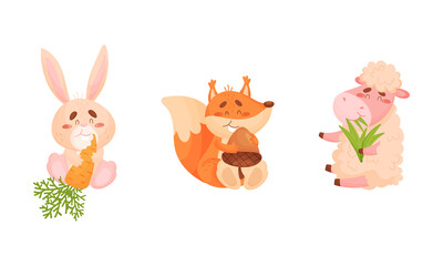 Adorable animals harvesting set. Cute squirrel, bunny, sheep eating delicious food cartoon vector illustration