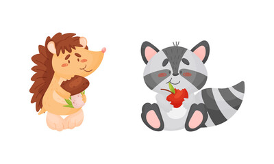 Adorable animals harvesting set. Cute hedgehog, raccoon with crop holding cartoon vector illustration