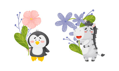 Adorable baby animals holding spring flower set. Lovely penguin, zebra standing with wild flowers cartoon vector illustration
