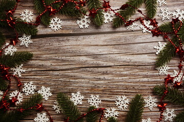 Fototapeta na wymiar Christmas and New Year Holidays background composition on wooden background