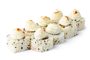 Japanese sushi with sesame seeds and cream icing isolated on white