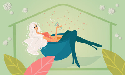 The girl is resting at home during the coronavirus. The blonde relieves stress, drinks alcohol. Young elegant woman lies in a large cup of coffee with a glass of wine. Vector design with autumn leaves