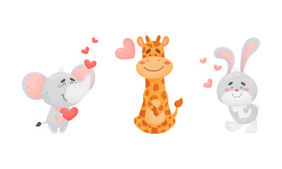 Adorable baby animals with pink hearts set. Lovely happy elephant, giraffe, bunny holding heart cartoon vector illustration