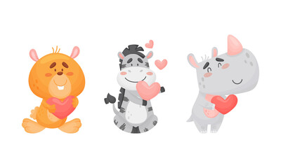 Adorable baby animals with pink hearts set. Lovely happy bear, zebra, rhinoceros holding heart cartoon vector illustration