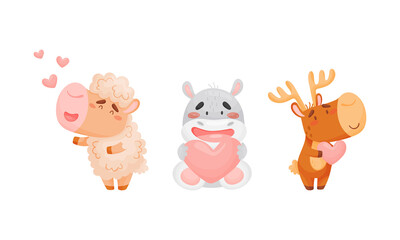 Adorable baby animals with pink hearts set. Lovely happy sheep, hippo, elk holding heart cartoon vector illustration