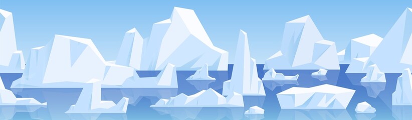 Seamless horizontal background with Arctic glaciers floating on water. Endless cold winter landscape with icebergs, snow and ice in North Pole. Colored flat vector illustration of repeatable panorama