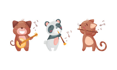 Adorable animals playing musical instruments set. Cute hamster, panda, kitten playing cat, flute, domra, clarinet cartoon vector illustration