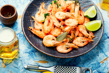 Delicious boiled prawns and beer