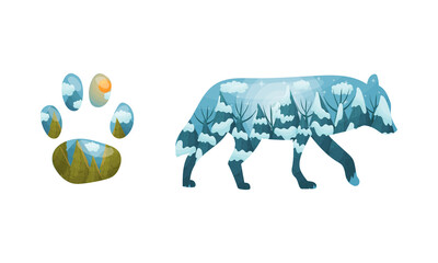 Silhouette of wolf wild animal and footprint with winter natural landscape inside vector illustration