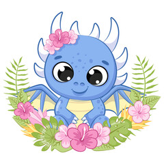 Cute dinosaur with flowers and a wreath. Vector illustration of a cartoon.