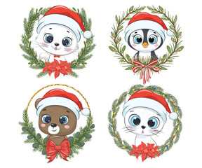 A set of cute animals for the New Year and for Christmas. Kitten, cat, bear, penguin. Vector illustration of a cartoon.